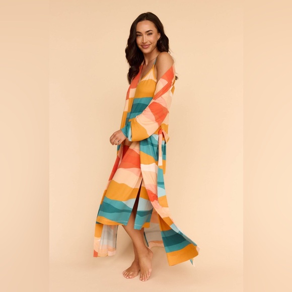 NWOT Mason Grey Skyler Banded Long Robe in Sunset, Size Small - Picture 5 of 9